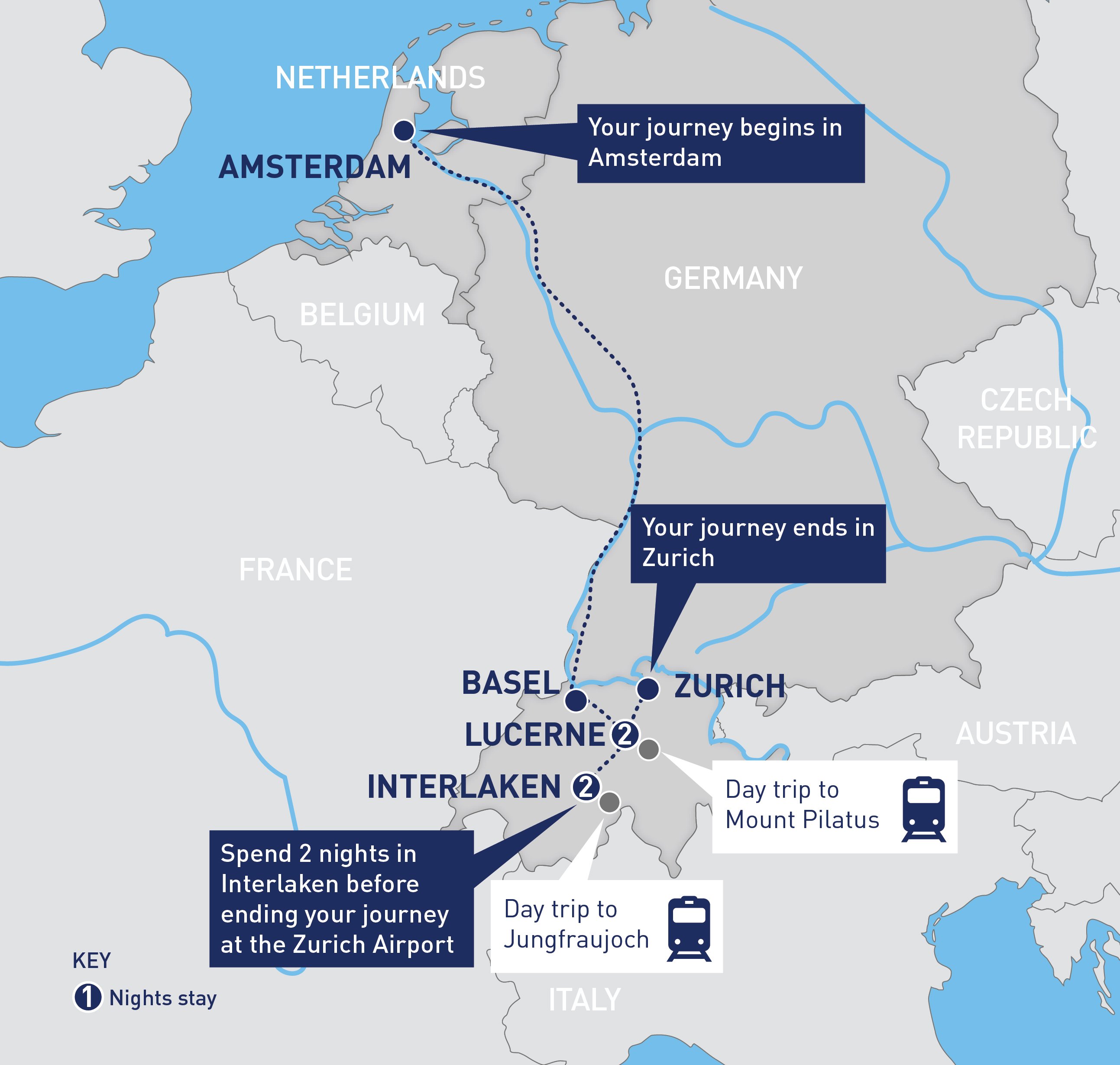 Amsterdam to Zurich via the Jungfrau and Mount Pilatus Railbookers