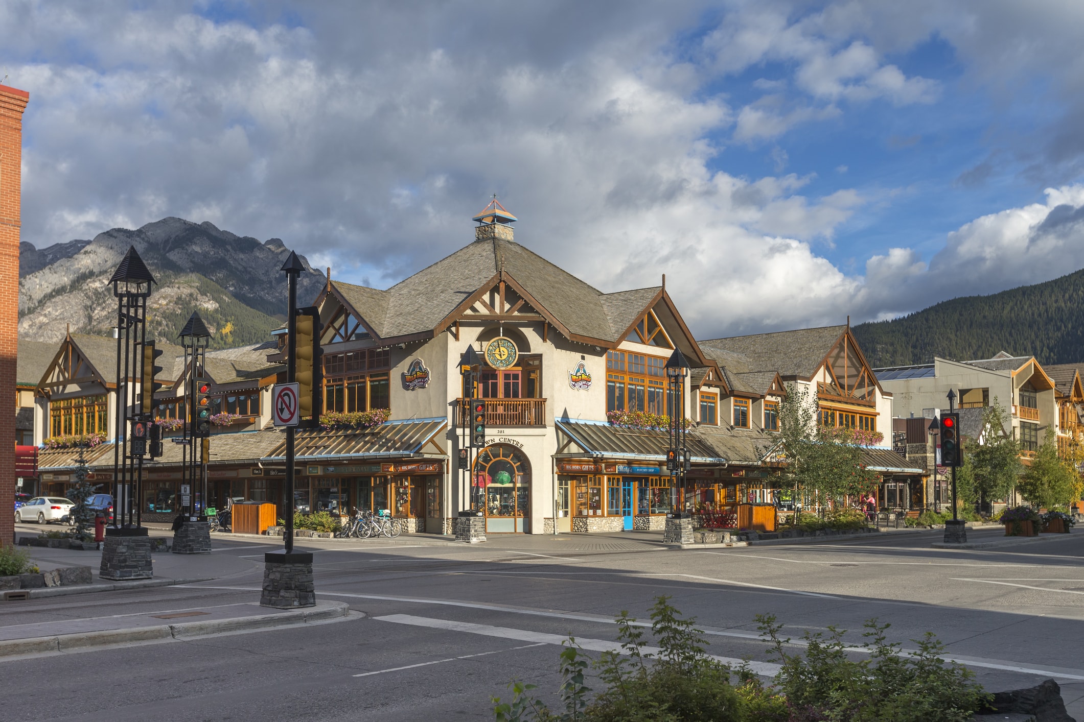 Downtown Banff, Alberta with the Rocky Mountains in the background.