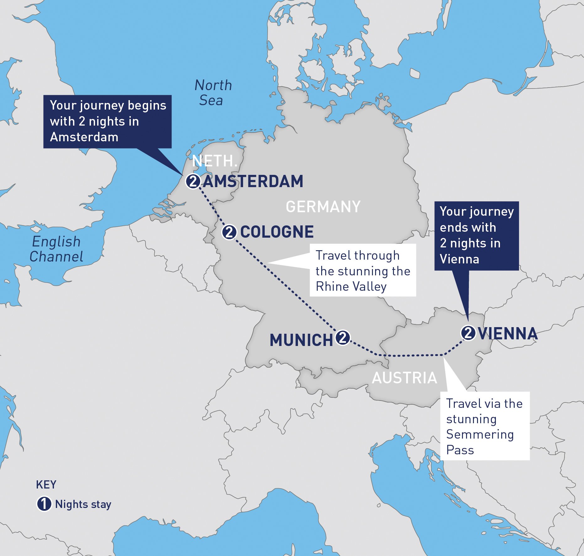 Amsterdam to Vienna via the Rhine Valley and Semmering Pass