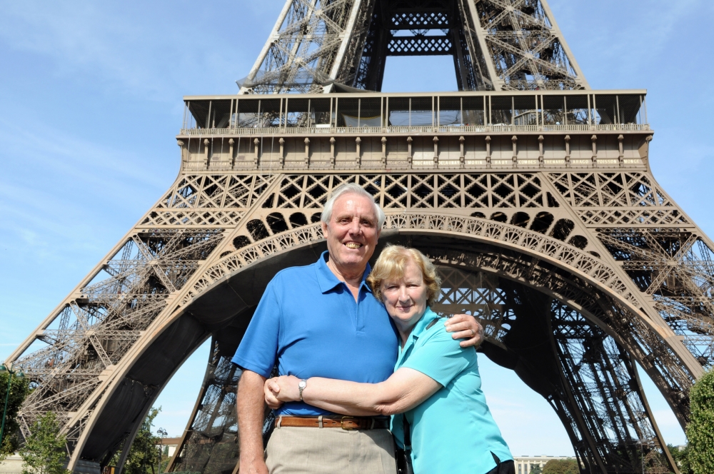 Senior couple in front of Eiffel Tower